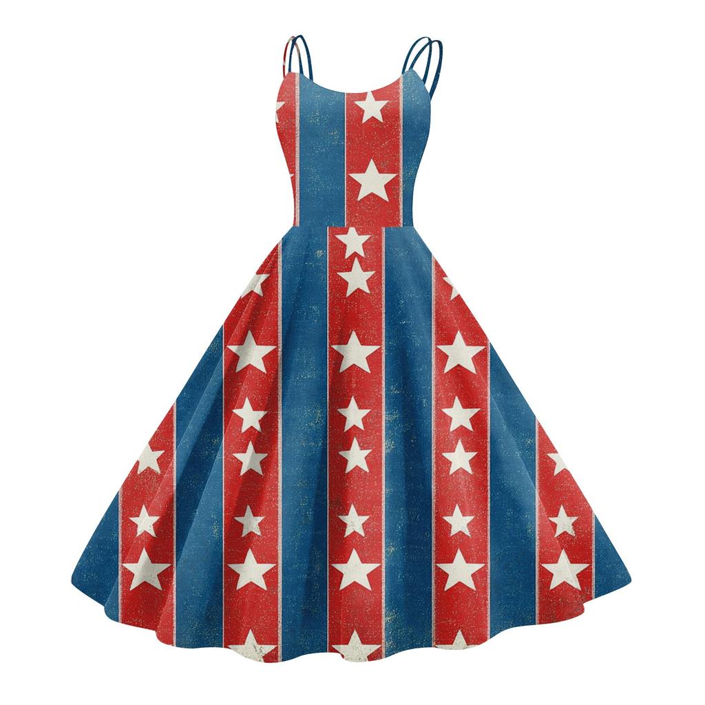 Women's Patriotic Starry Night Dress Sleeveless American Flag Design, Perfect for Celebrations & Summer Events