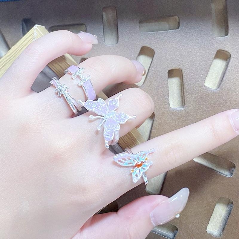 Niche Sweet And Gentle Purple Enamel Oil Drop Butterfly Open Ring High Sense Letter H Inlaid Zircon Ring Female