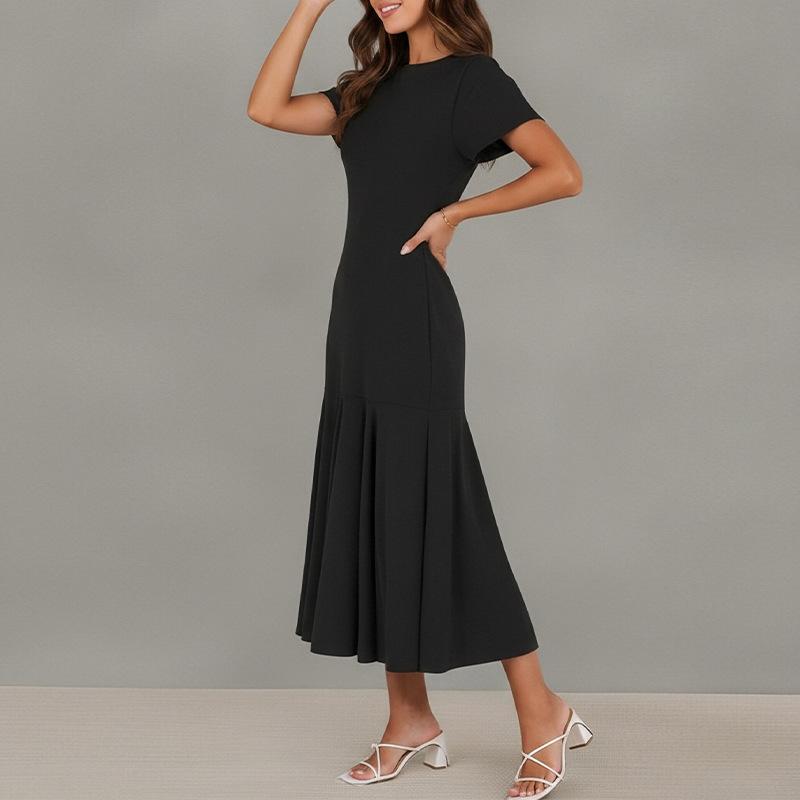Spring new women's clothing, fashionable and elegant solid color splicing pleated slim dress