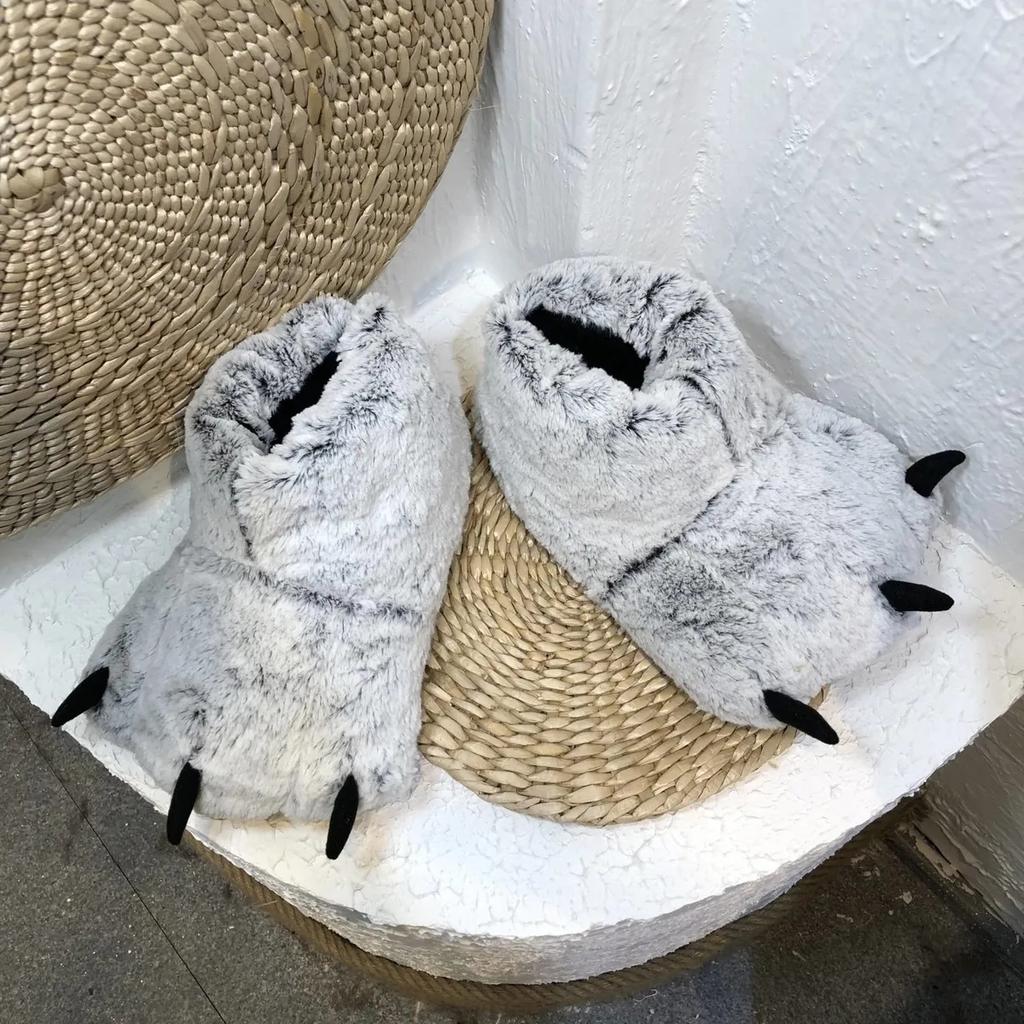 Пушистые коричневые тапочки с лапками и когтями унисекс для женщин и мужчин, толстые хлопковые тапочки с изображением животных и медведей, теплые зимние домашние тапочки из плюша