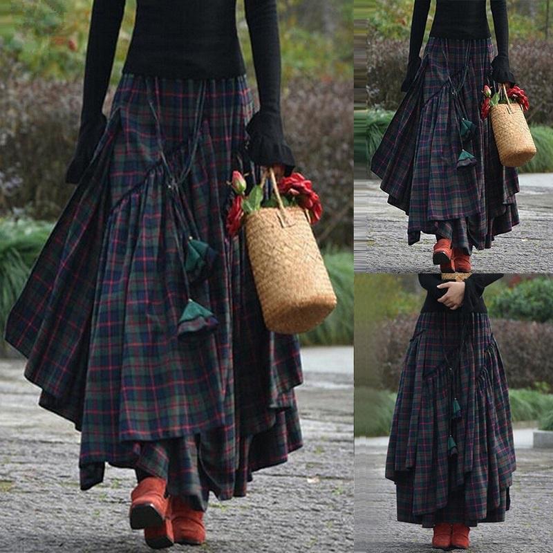 Retro Folk Style Women Fashion Plaid Maxi Skirt Splice Irregular Swing Pleated High Waist Long Skirt