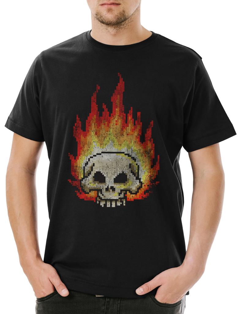 Pixel Burning Skull Herren T-Shirt Skull Skeleton Grim Reaper Gamer Gaming Games