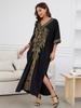 EDOLYNSA 2024 Vintage Plus Size Kaftan Ethnic Gold Embroidery Beach Dress Vacation Swimsuit Cover Up For Women Cozy V-neck Side Split House Robe