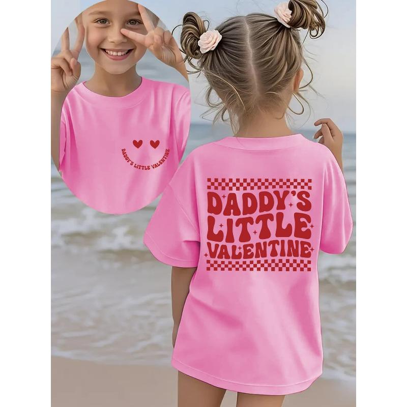 Европейские размеры Девочки Летняя Мода Футболка с коротким рукавом DADDYS LITTLE VALENTINE Клетчатый и Сердечно-глазый Мультяшный Принт Повседневная С круглым вырезом