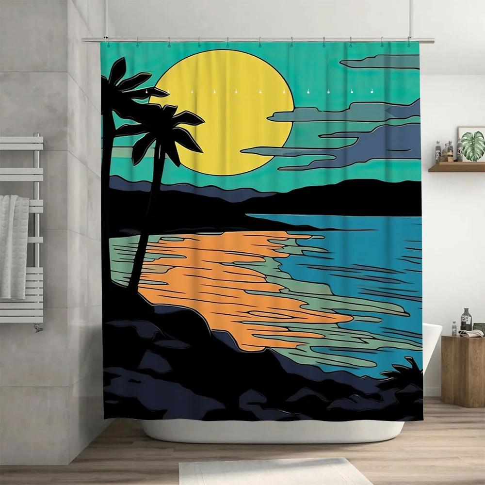 Vibrant Bathroom Shower Curtain with Palm Trees Sunset Print for Home Decor Modern Waterproof Fabric