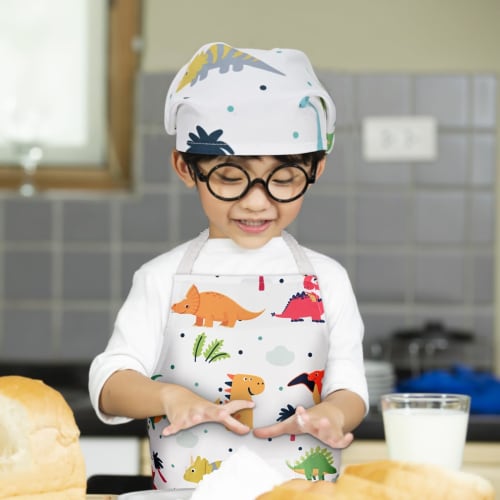 Athbavib Kids' Apron, Cute Dinosaur, White, with Triangle Scarf and Pockets, Adjustable, 50*60cm, Waterproof Cotton, Easy Care, for Boys and Girls, Ki