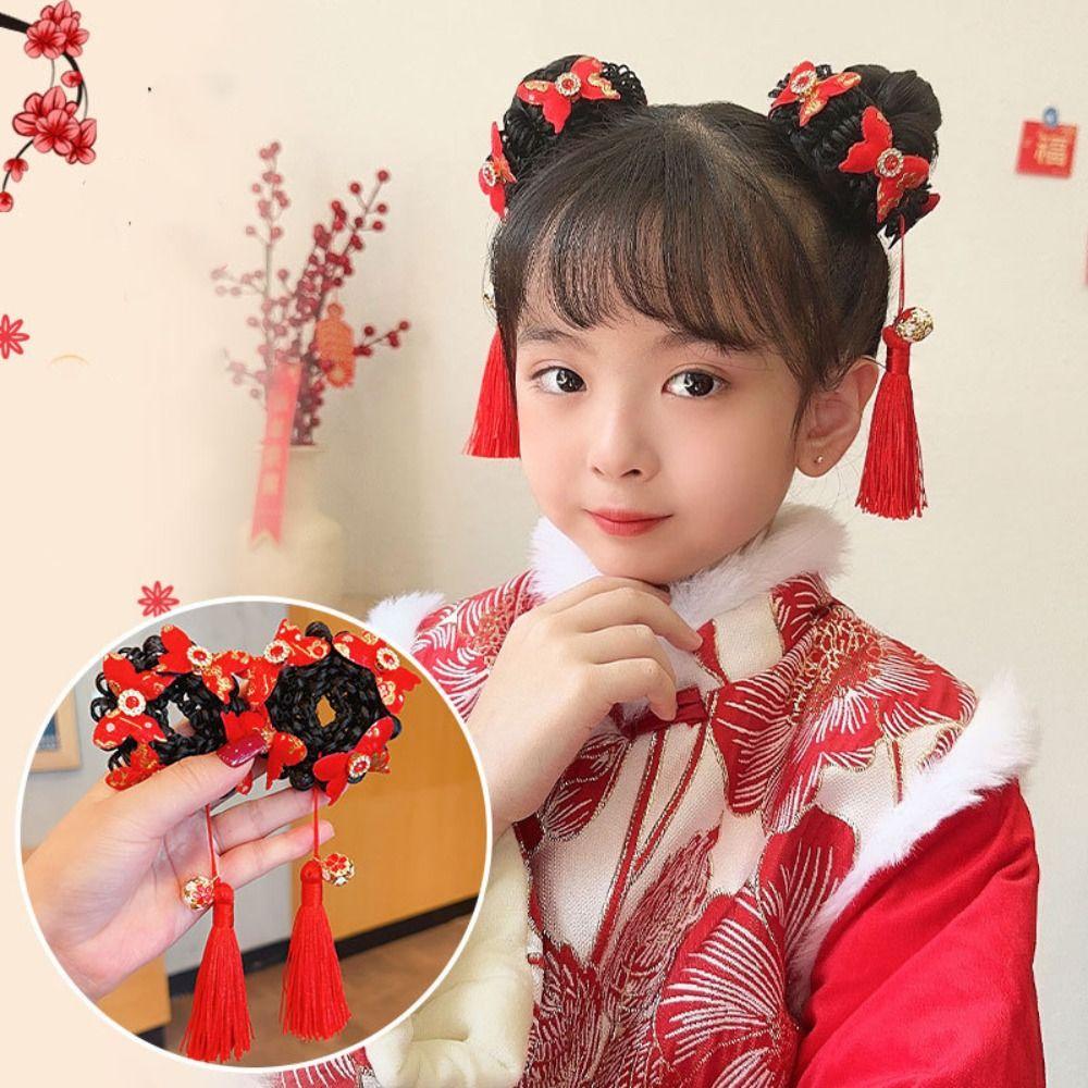 Flower Children Hanfu Hair Ring Red Ancient Style Scrunchines Bow Wig Braid Hair Rope  Baby