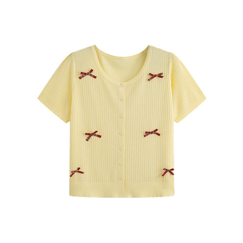 Женский кардиган с бантом большого размера, летний свободный вязаный свитер с короткими рукавами