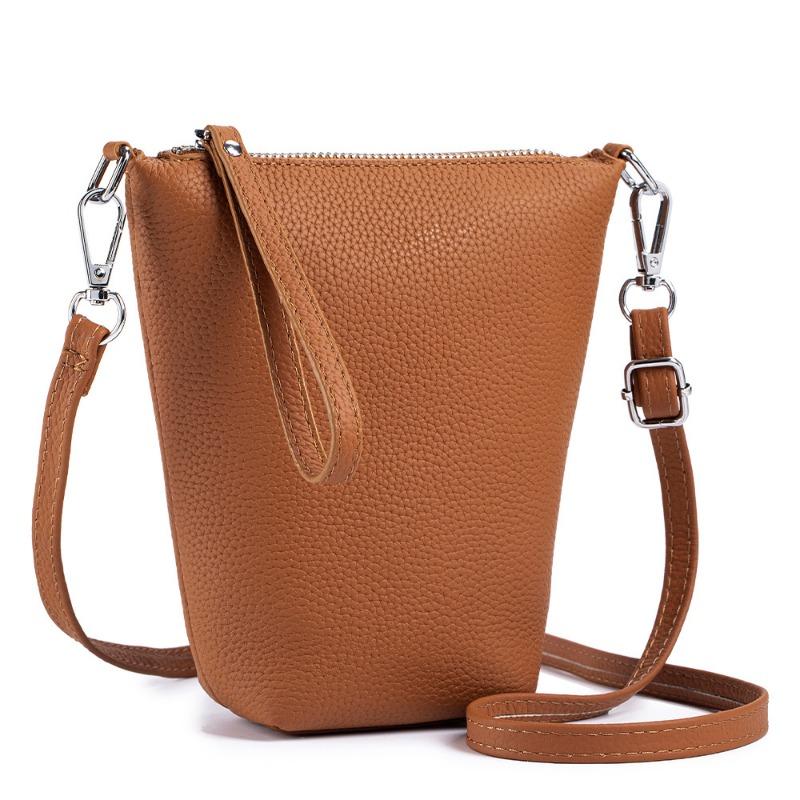 Leather Fashion Simple Single Shoulder Crossbody Bag Head Layer Cowhide Casual Mobile Phone Bag Female Mini Bucket Bag Texture Female Bag