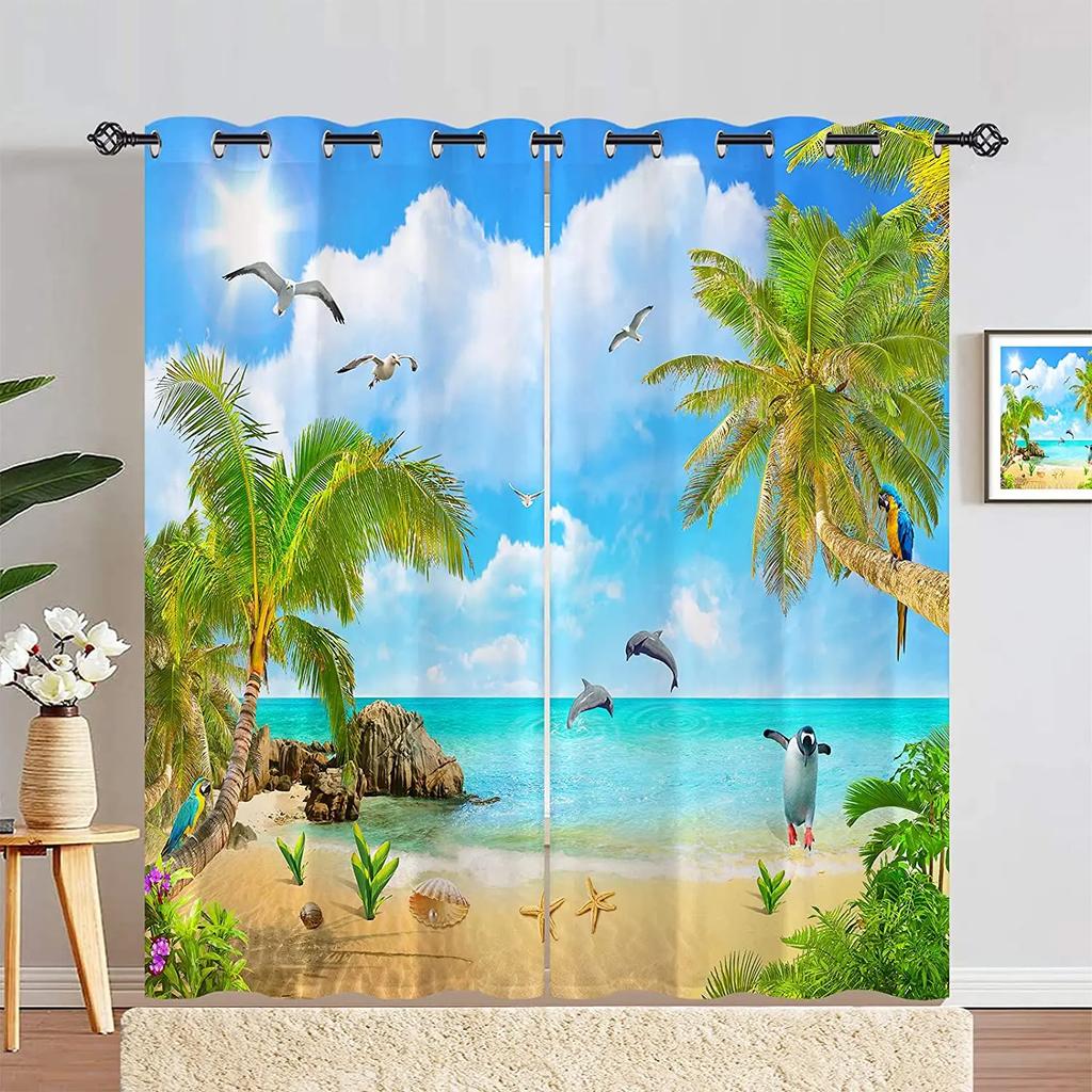 Nature Landscape Scenery Curtains for Bedroom, Window Panels with Garden, Pink White Flowers, Waterfall Lake Scene Print Pattern