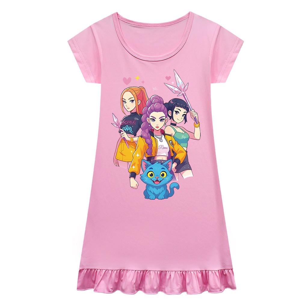 Kids Girls Anime Cartoon K-POP Rumi Zoey Mira Print Pleat Short Sleeve Casual Round Neck Dress
