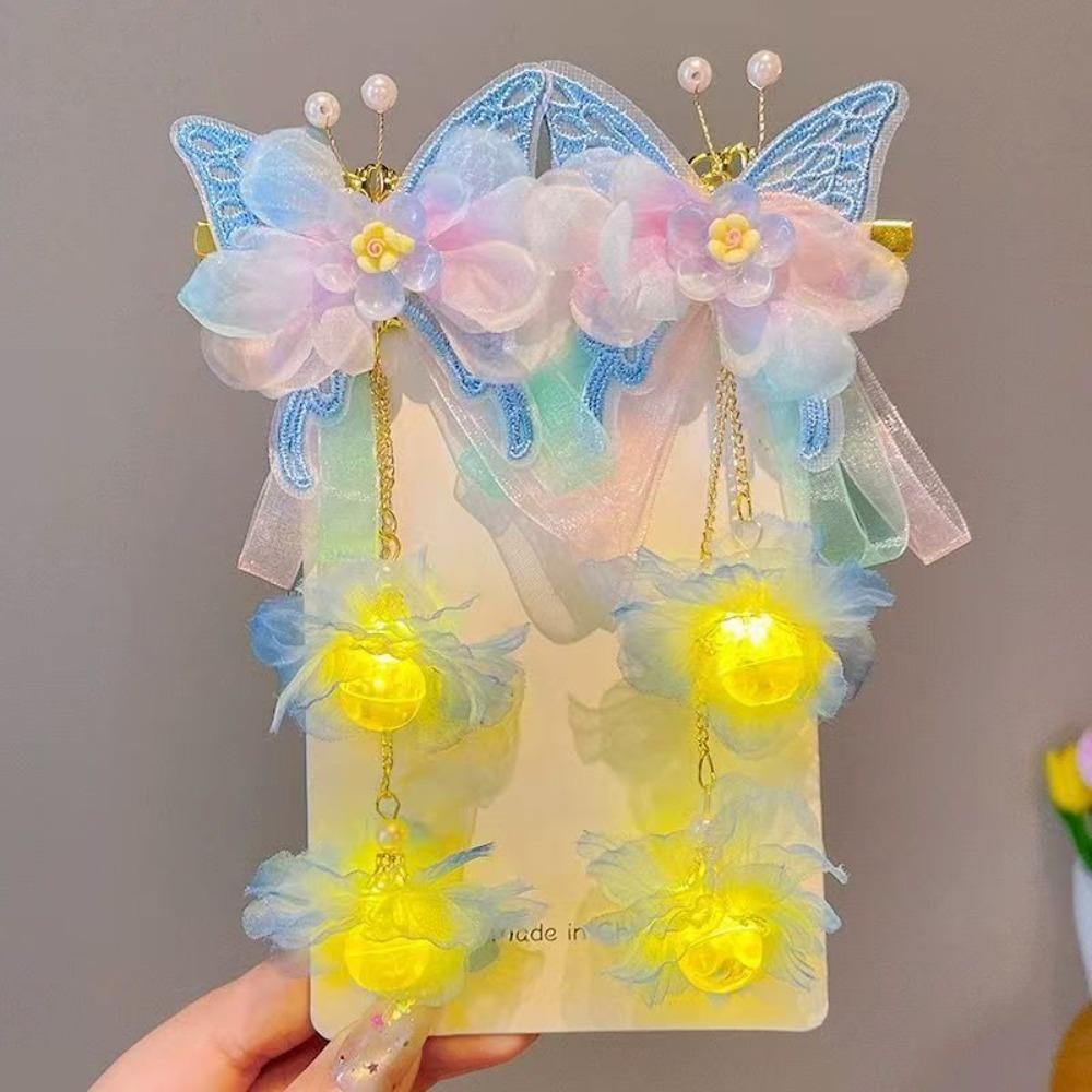 2pcs/set Luminous Flower Faux Flower Hairpin Extra Large Shake Tassels Tassel Hair Clip Silk Butterfly Hairclips Children's Use