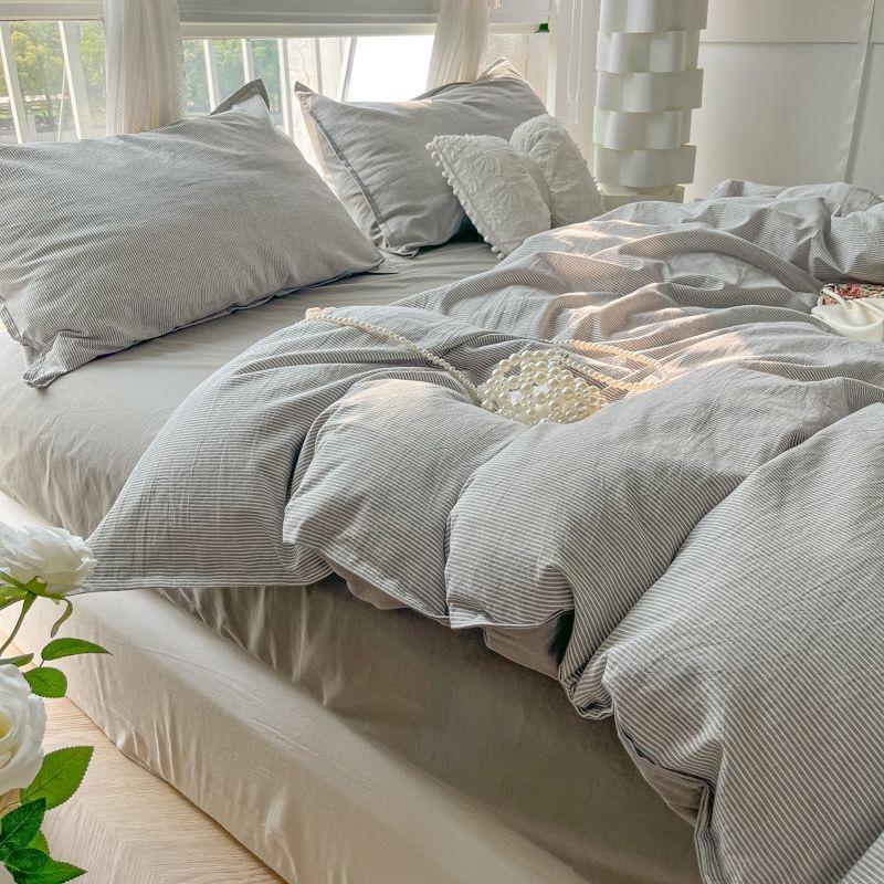 Striped Duvet Cover Set Quilt Set Ins Nordic Grey Bed Set Of Four Pieces, Home Luxury Bedding Set Bed Sheets