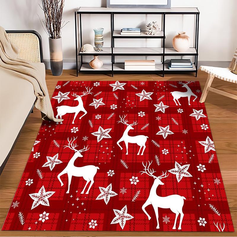 White Reindeer on Red Plaid Rug Non-slip rug suitable for living room and bedroom sofas