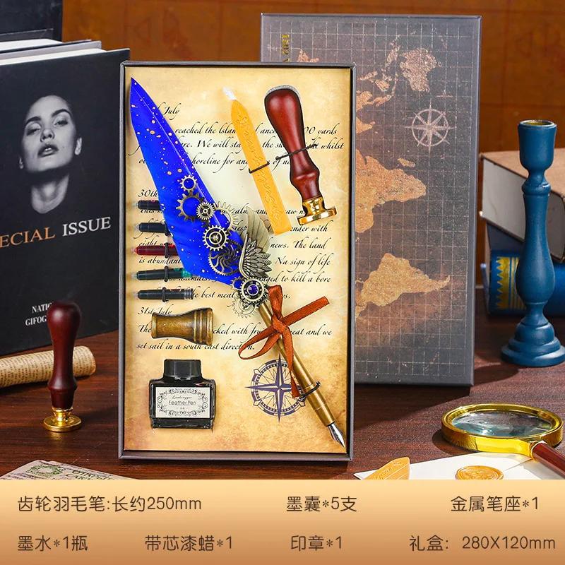 Luxury Fountain Pen Set Vintage Sprinkling Gold Feather Pens Ink Bottle Calligraphy Writing Dip Pen-s Birthday Gift 5 Nib Quill