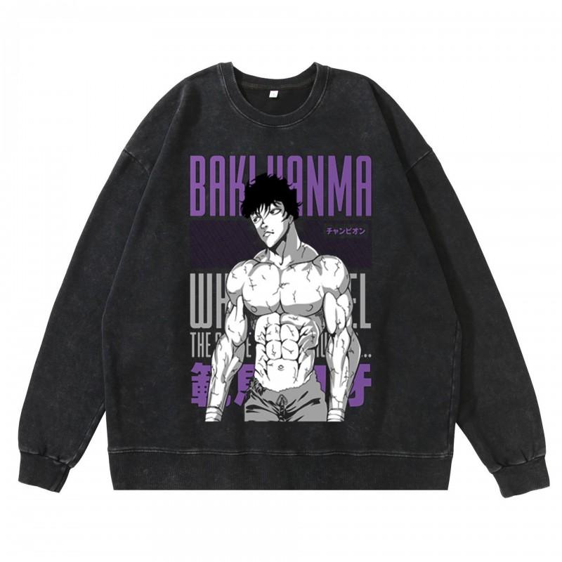 Heavyweight 360g Washed Vintage Baki Hanma Anime Graphic Hoodie-Free Cotton Sweatshirt Men