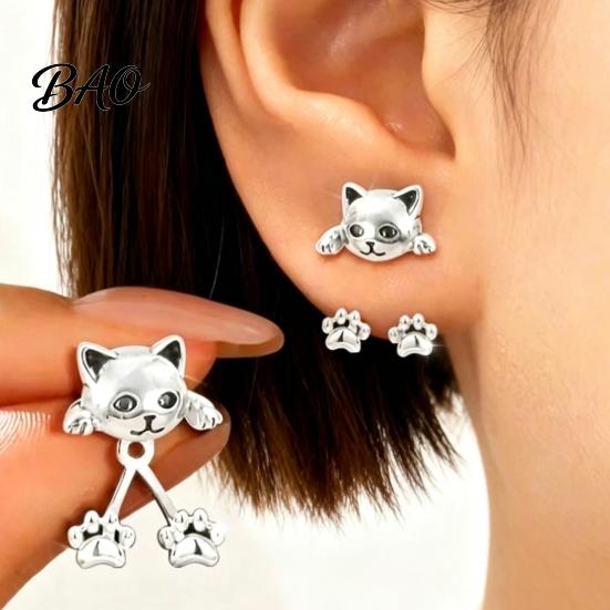 Cute Cat Earrings for Women 1 Pair Paw Women, Vintage Front Whimsical Lover Accessories Back Stud Earrings, Small Kitten Jewelry Gift Lovers