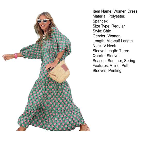 Женское платье в стиле бохо с V-образным вырезом, рукавами-фонариками, А-силуэтом, с плиссировкой и принтом, длиной до середины голени, пляжное платье для отдыха