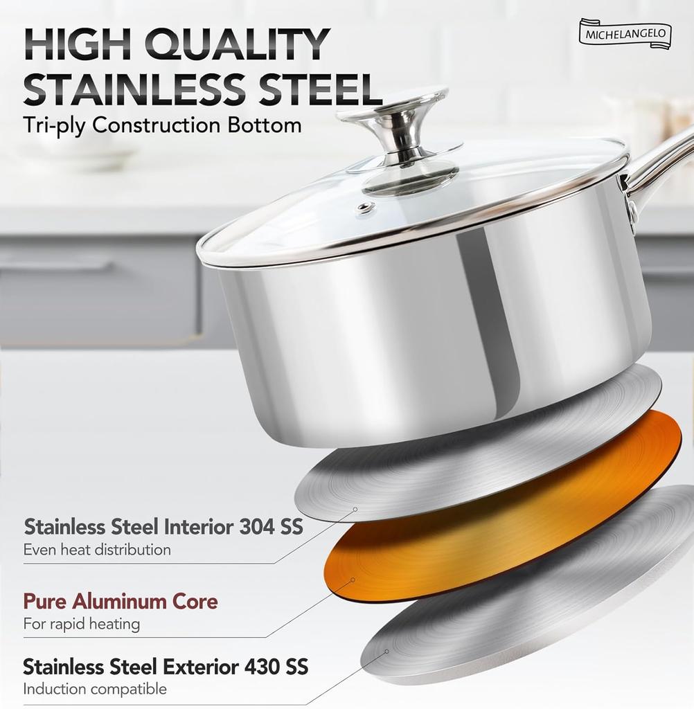 MICHELANGELO Stainless Steel Saucepan Set with Lid, Triple Bottom Stainless Steel Base, Scald-proof Double Rivet Handles