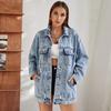 Spring Autumn Casual Women Denim Jacket Vintage Lady Lapel Button Ripped Denim Jacket