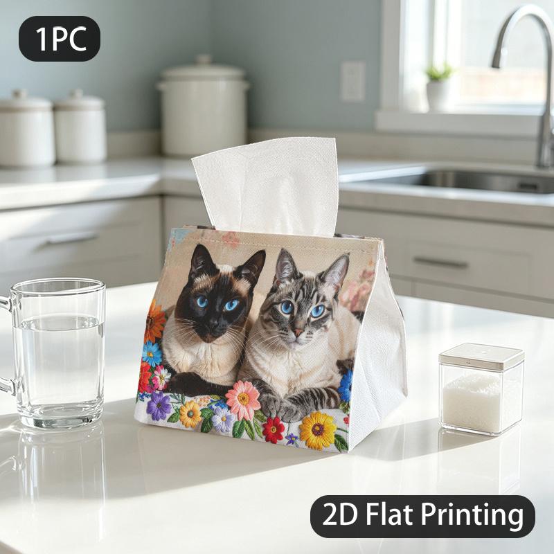 1pc Tissue Box, Cozy Vintage Two Cats Flowers Warm Charm Pattern, 2D Flat Printing, Keeps Dust Out, Take Anywhere, Tissue Organizer, for Around The Ho