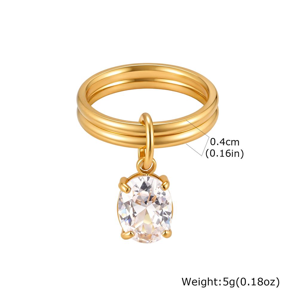 18K Gold Plated Waterproof Stainless Steel Dainty Drop CZ Stackable Ring for Women, Minimalist Double Row Dangle Rings Jewelry