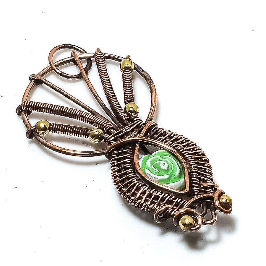 Carving Flower Gemstone Handmade Copper Wire Wrap Jewelry Pendant 2.36" q9C11