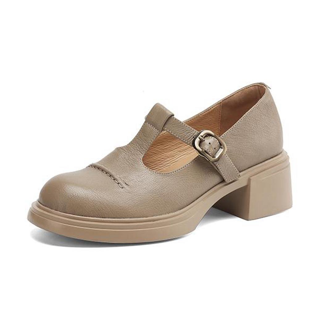 Krazing Pot Sheep Skin Spring Summer Size 41 Chunky Heels Women Round Toe Metal Buckle Platform Pumps