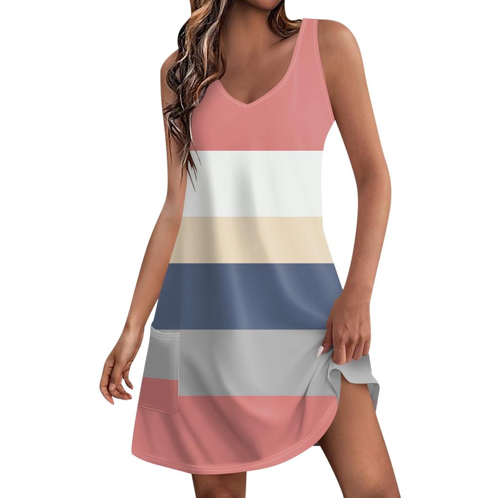 Women's Casual Print Summer Bohemian Beach Dress With Pockets V Neck Tank Dress