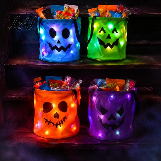 Large Storage Buckets for Candy Halloween Glowing Pumpkin Bag LED Light up Trick or Treat Bucket Decorative Containers Sweets Reusable Waterproof