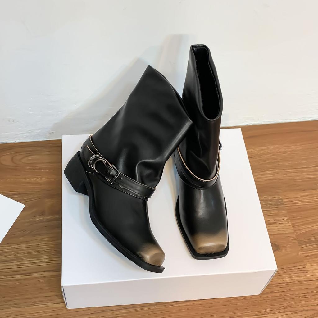 Корейская версия нишевые ретро женские ботинки панк стрит полированные ботильоны 2025 зима новые модные ботинки средней высоты для женщин