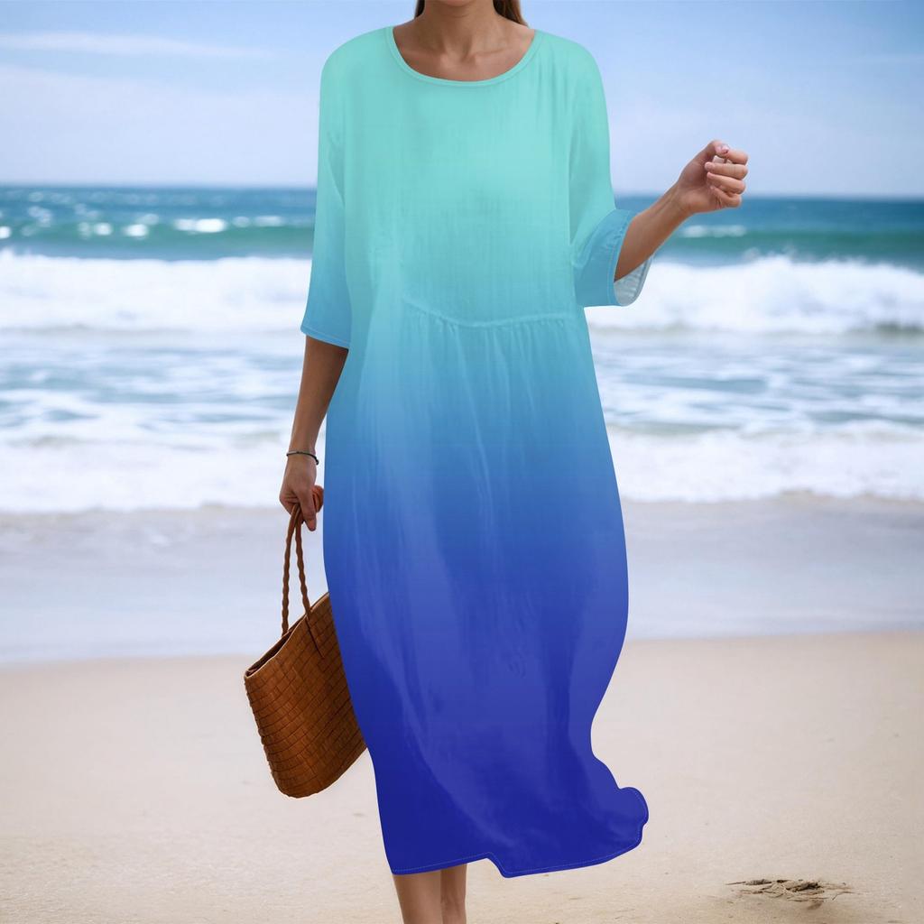 Women's Fashionable Printed Round Neck Seven Quarter Sleeve Loose Dress