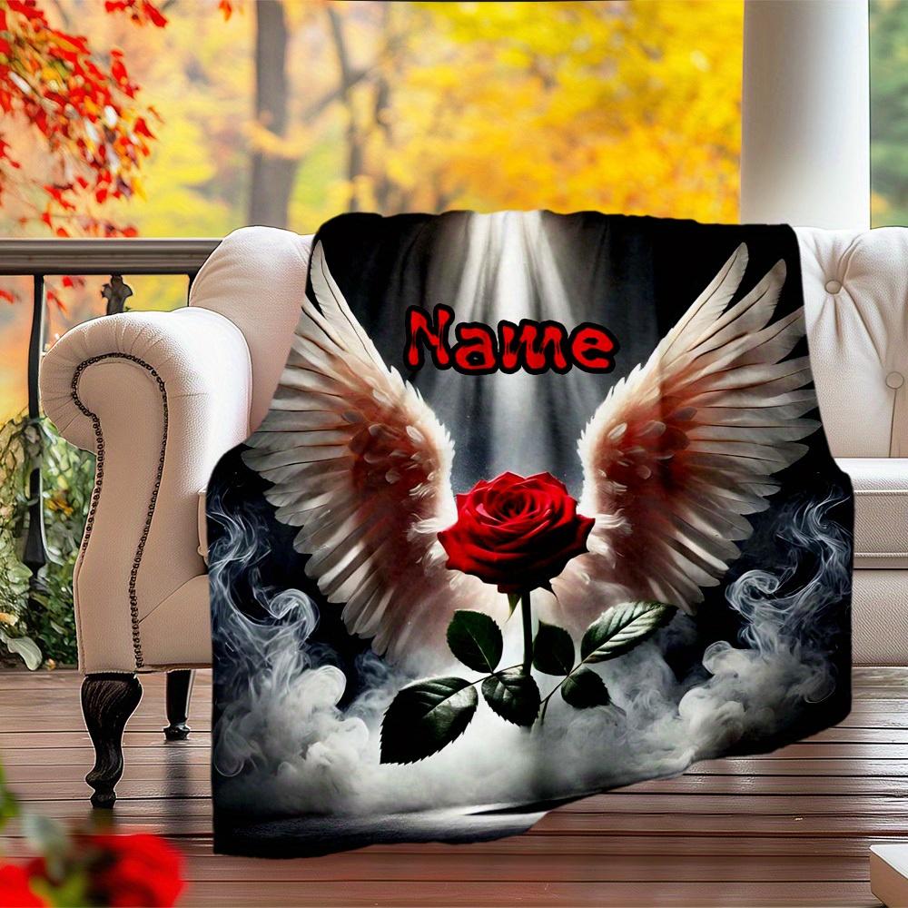 240Gm2 Angel Wings Rose Outdoor Customize Your Name Blanket Comfortable Soft Lightweight Allseason Multipurpose Blanket For Travel Camping Picnics