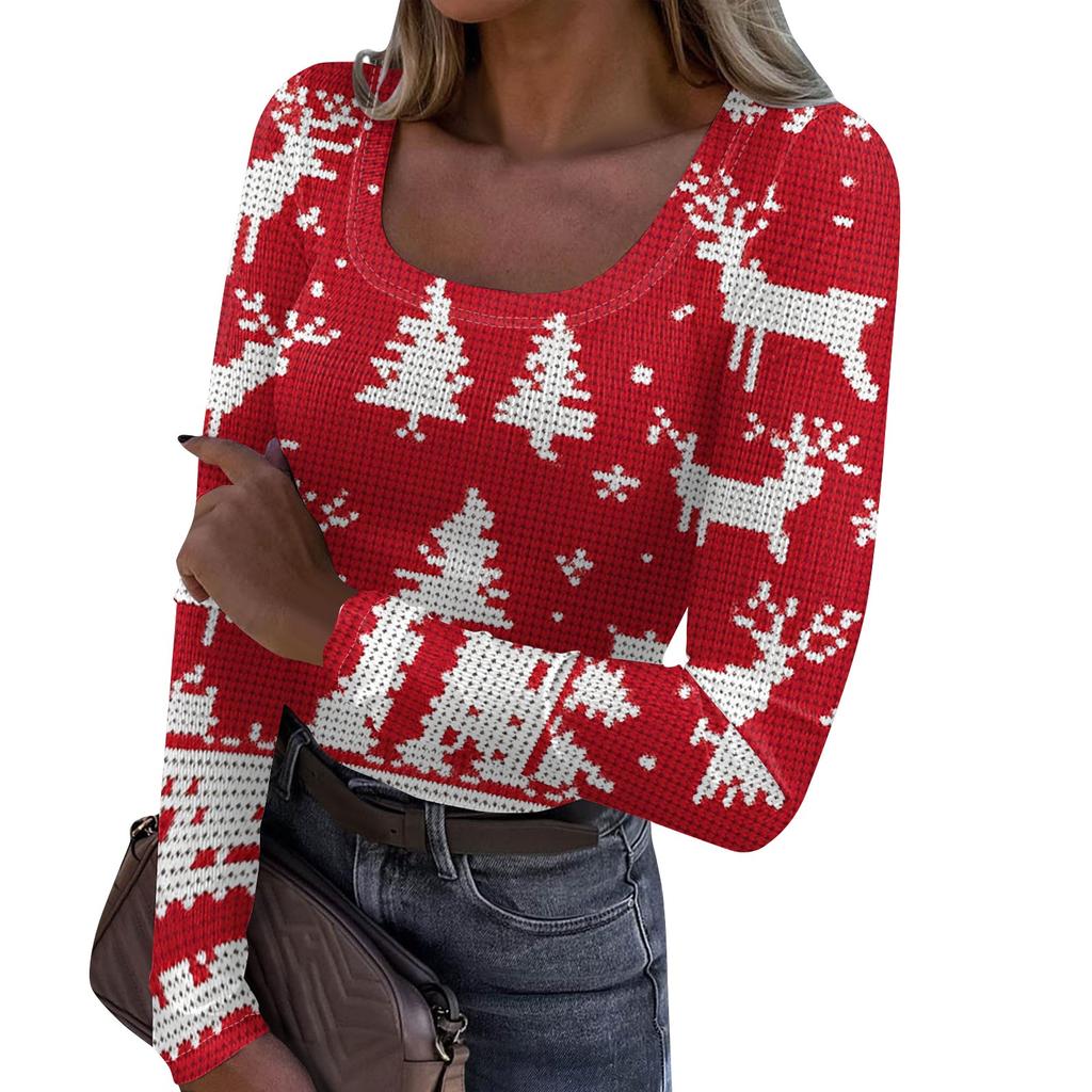 Женская мода Slim Bottom Casual с длинным рукавом и рождественским принтом пуловер с U-образным вырезом