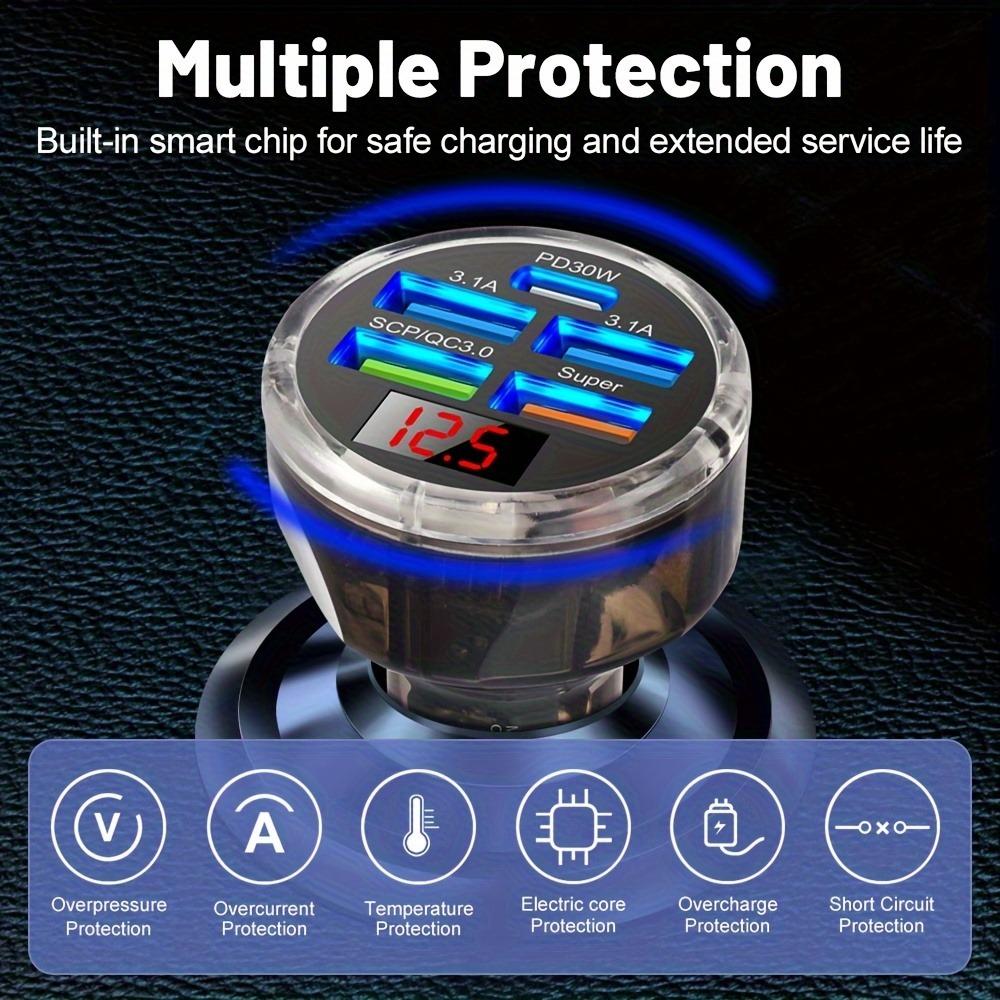 Автомобильное зарядное устройство USB 150 Вт с 5 портами, PD30W Type-C, дисплеем напряжения и многопротокольной быстрой зарядкой для автомобилей 12–32 В