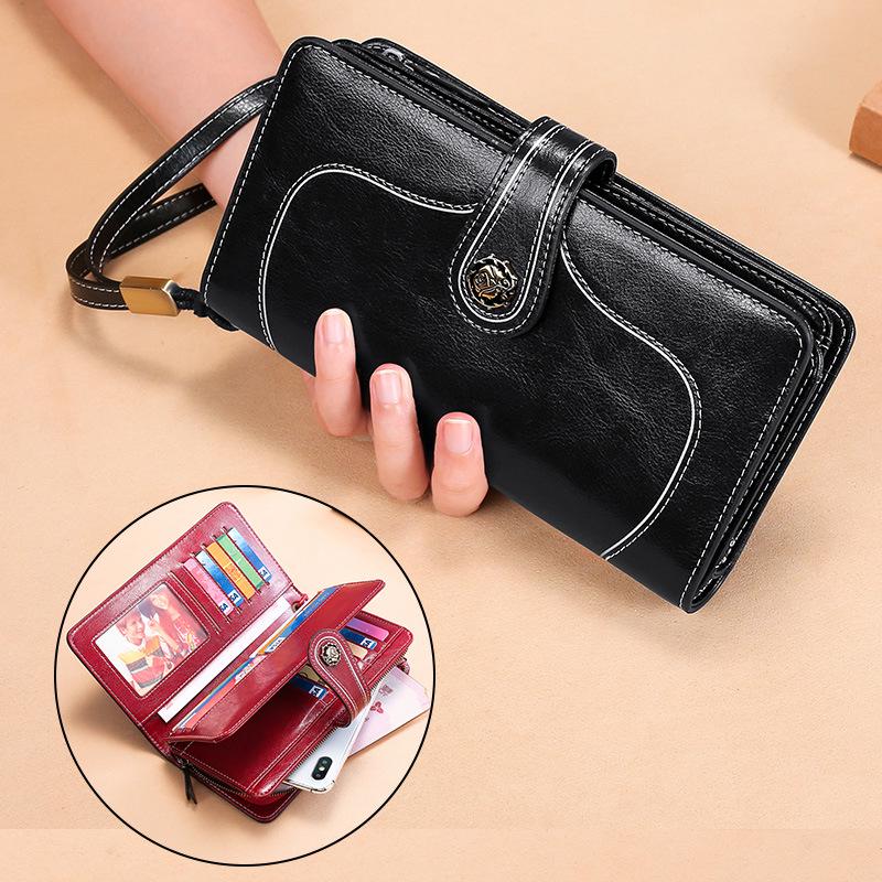 Женский длинный кошелек из натуральной кожи с RFID-меткой и восковой отделкой