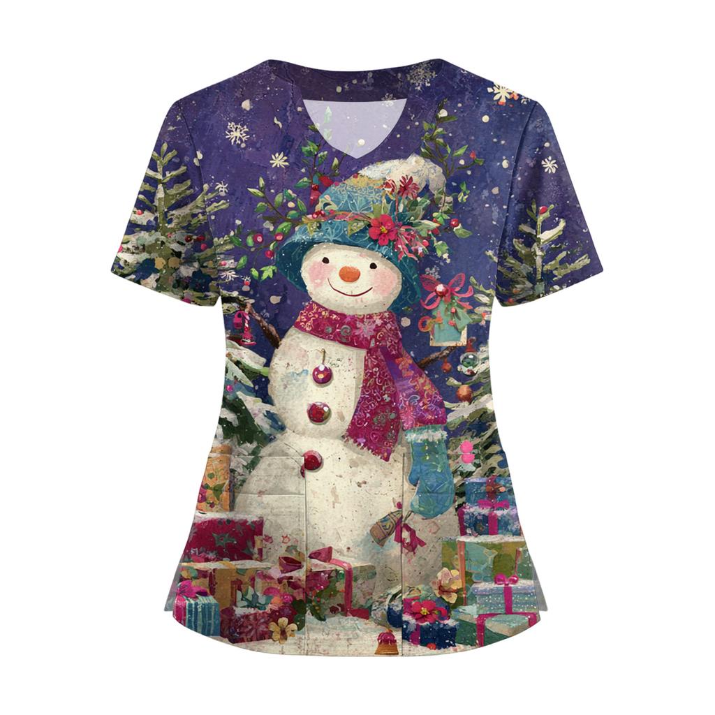 Женская футболка с коротким рукавом, рождественским принтом, V-образным вырезом, на пуговицах сбоку и разрезом