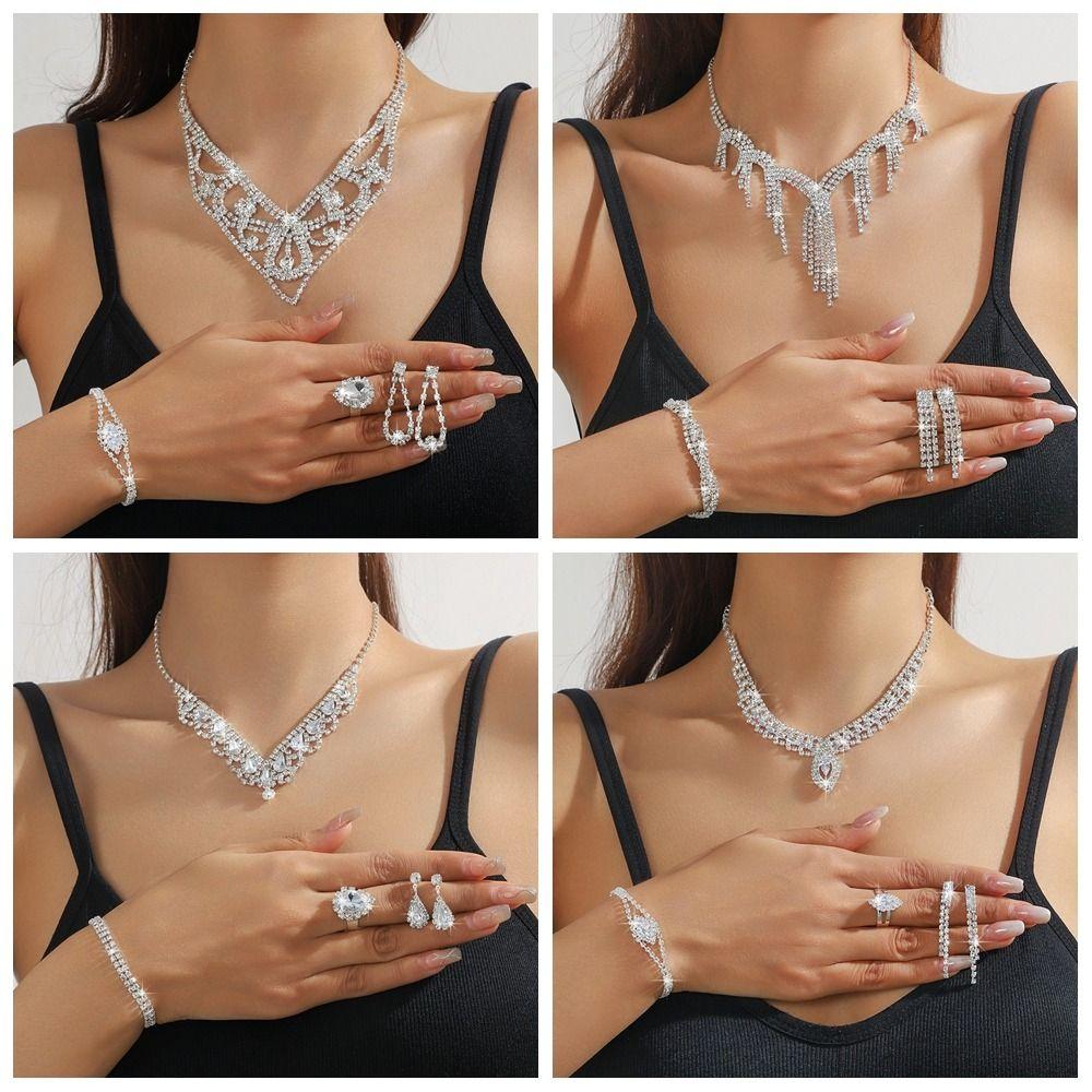 Elegant Bridal Jewelry Set Luxury Rhinestone Necklace Trendy Necklace Earring Set Wedding
