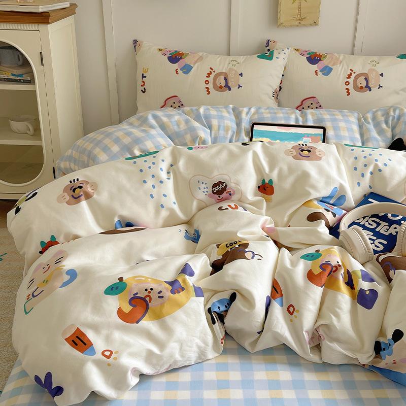 Комплект постельного белья из 100% чистого хлопка, четырехпредметный, приятный к коже, стиранный в воде, простыня, пододеяльник, комплект наволочек