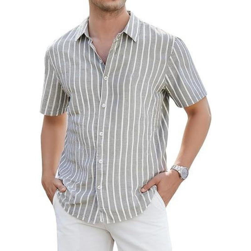 Men Vertical Stripe Lapel Short Sleeve Linen Blend Button Down Shirt