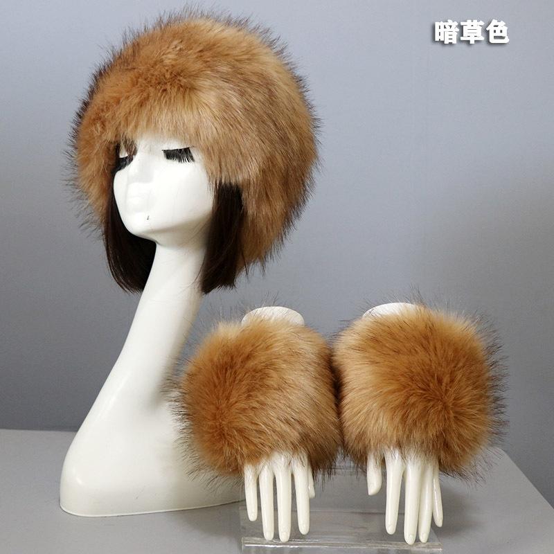 Cuff hat two-piece set, men's and women's imitation fur, fluffy flat top hat, warm cuffs, winter ear protection hat, simple and fashionable