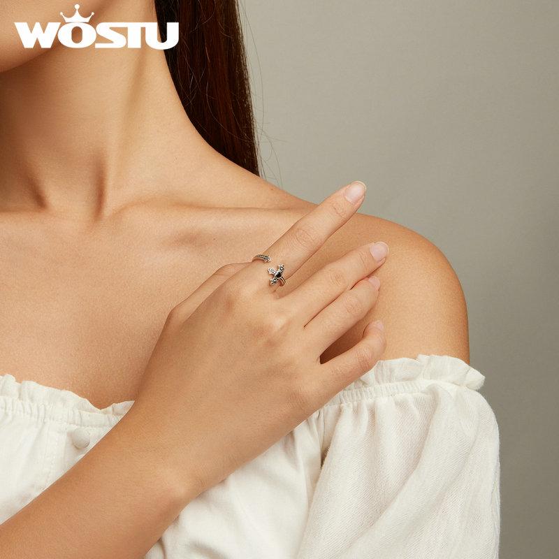WOSTU настоящее стерлингового серебра 925 пробы, ювелирные изделия в стиле панк, ретро, открытое кольцо с крестом для женщин, крутые черные эффектные регулируемые кольца с фианитами, подарок на вечеринку