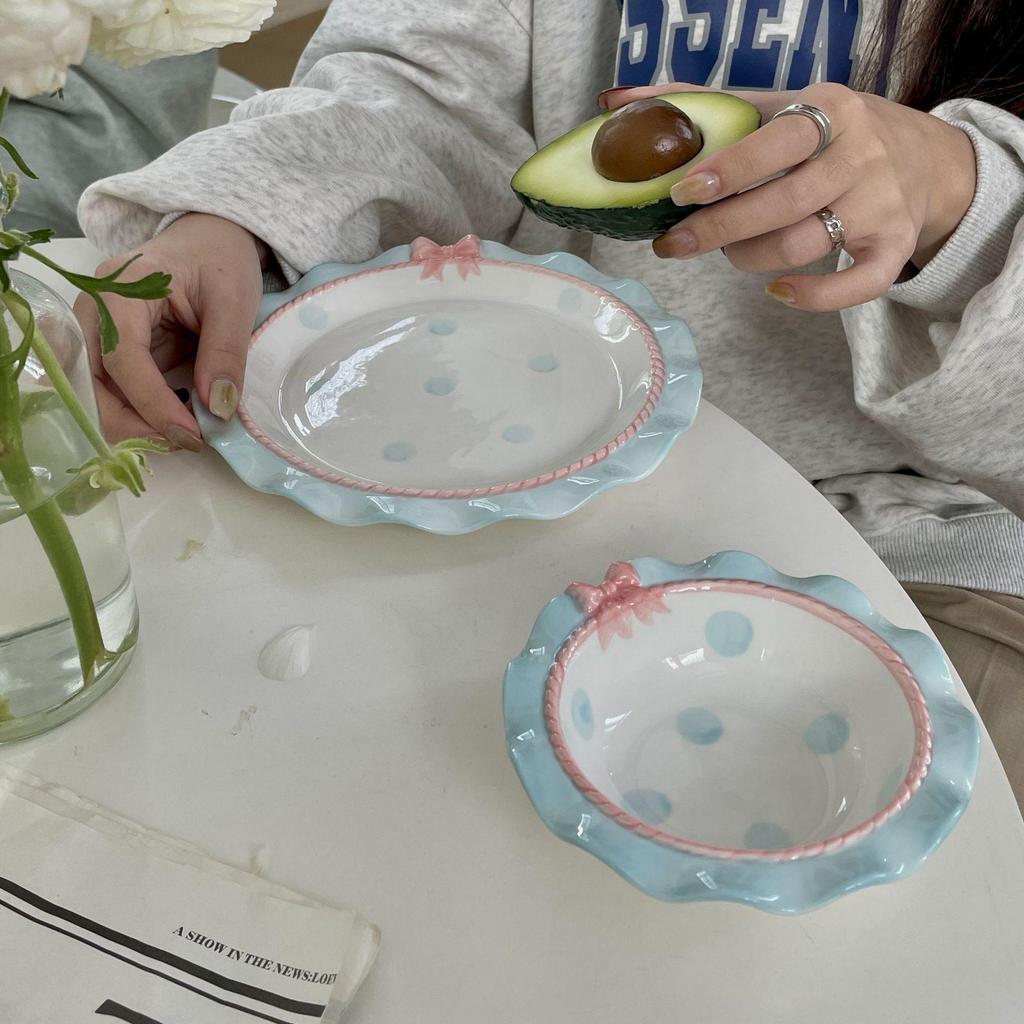 Корейский милый набор керамической тарелки и пиалы с кружевом и бантом для десертов и тортов