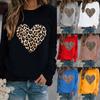 Women Casual Fashion Leopard Print Love Hoodless Plus Fleece Long-sleeved Sweater Top