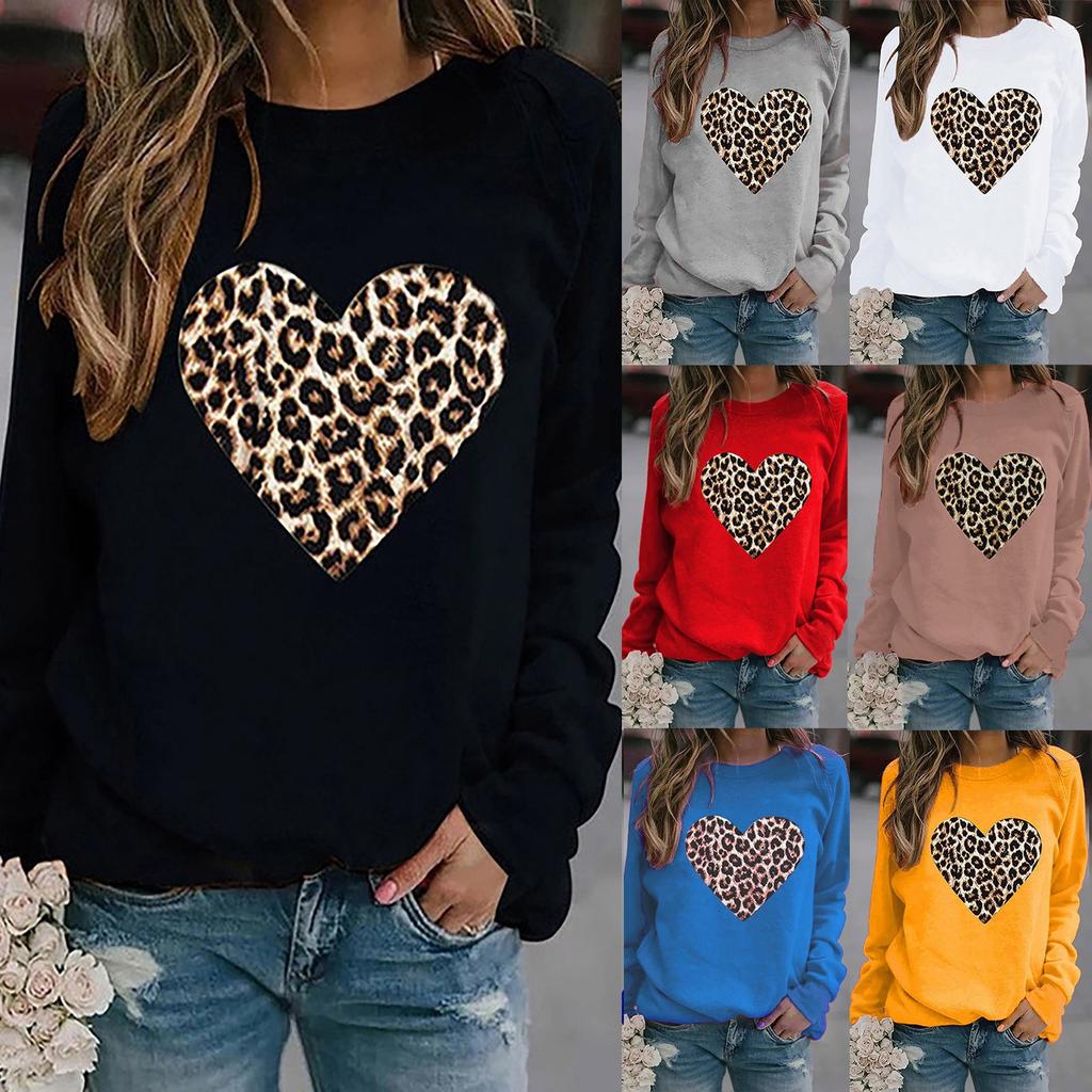 Women Casual Fashion Leopard Print Love Hoodless Plus Fleece Long-sleeved Sweater Top