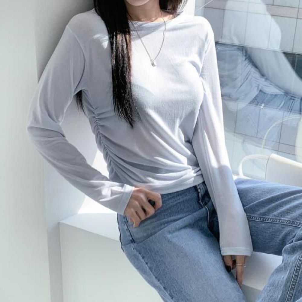 New Arrivals Open Run Women Long Sleeve T shirT Side pleaT deTail Semi Slim fiT