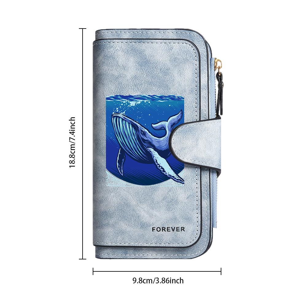 Fashion Whale Printed Long Wallet Multi Card Slot Portable Casual Leather Purse