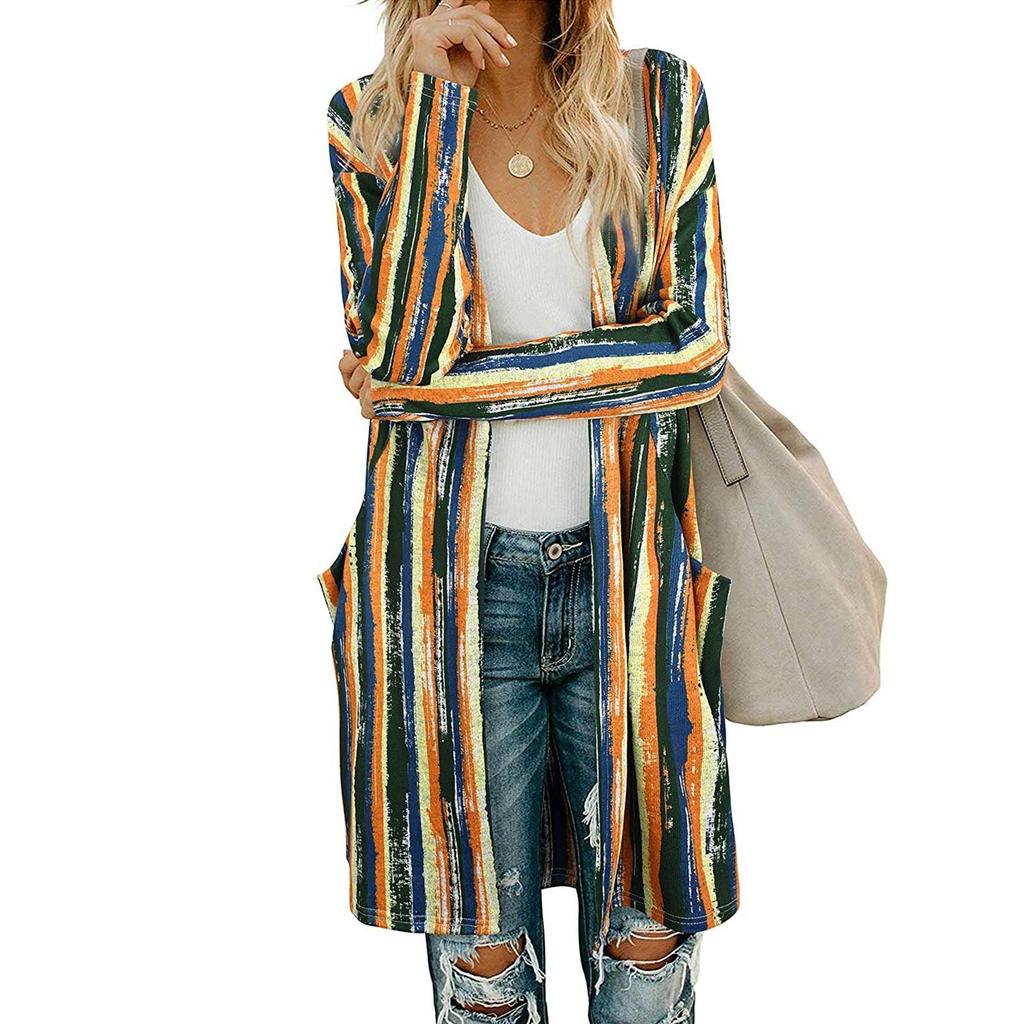 Women's Fashion Casual Printed Pocket Cardigan Medium And Long Coat