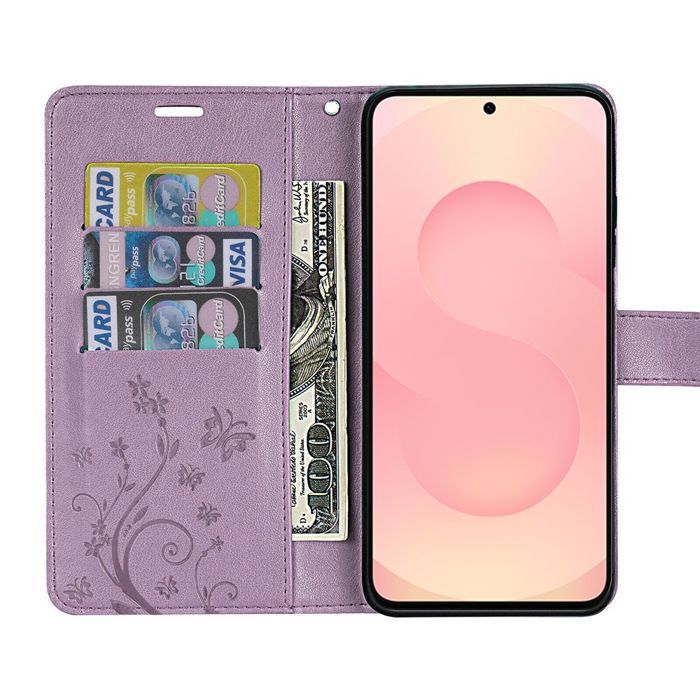 Coque de Protection - BOOLING - pour Samsung Galaxy S25 FE - Cuir PU Motif Floral Violet - 2 Verres Trempés