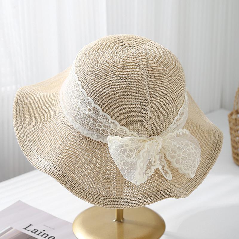 Summer lace straw hat bow wide brim French retro casual fashion versatile fisherman hat